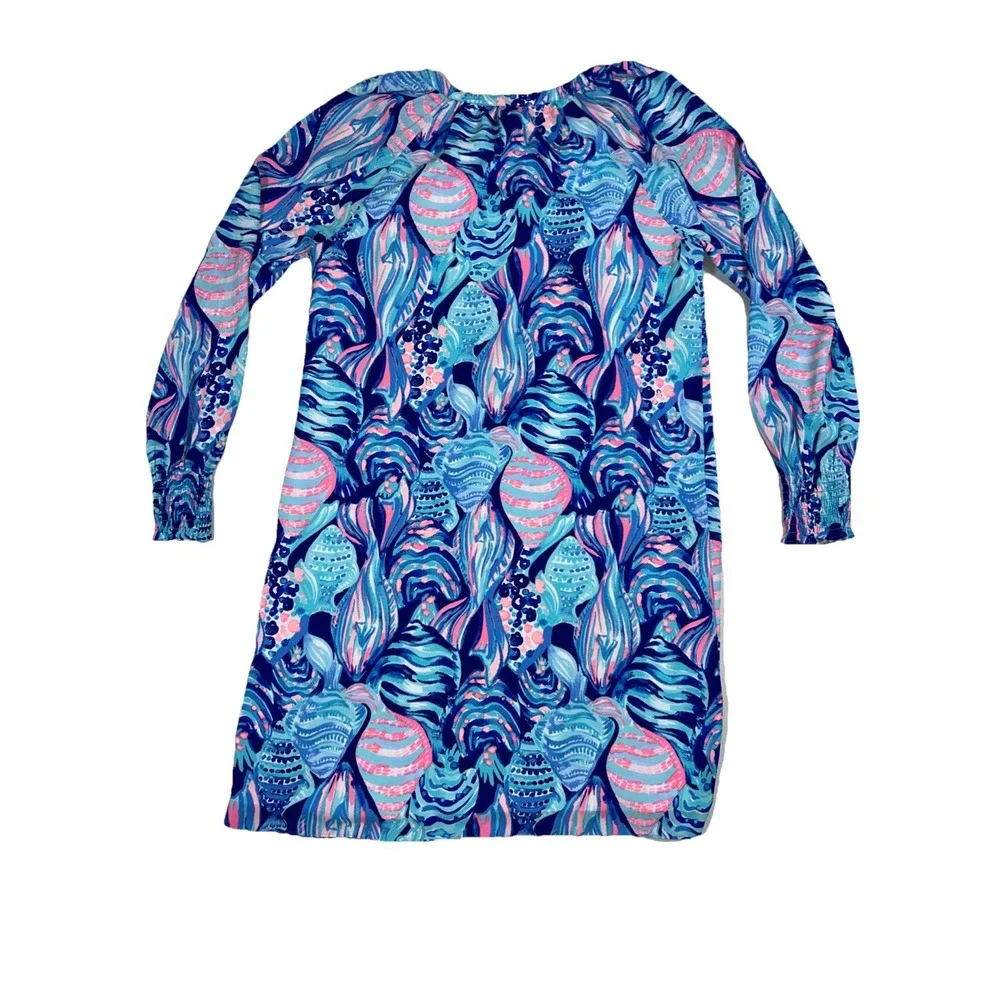 Lilly Pulitzer Brynle Dress Twilight Blue Gold Buttons Smocked Sleeves Womens XS